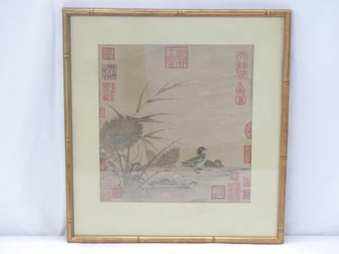 Antique Japanese Painting ? on Rise Paper of Birds with 18 Red Seals