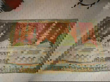 Large Vintage Asian Scenic Tapestry with Metallic Thread