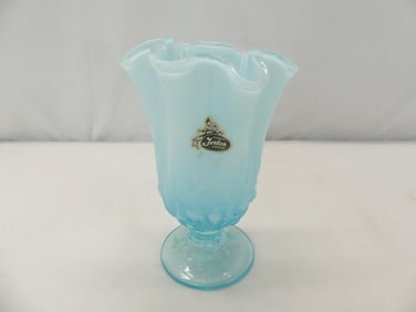 Vintage Fenton Ambre Blue Ruffled Vase with Bell Flowers