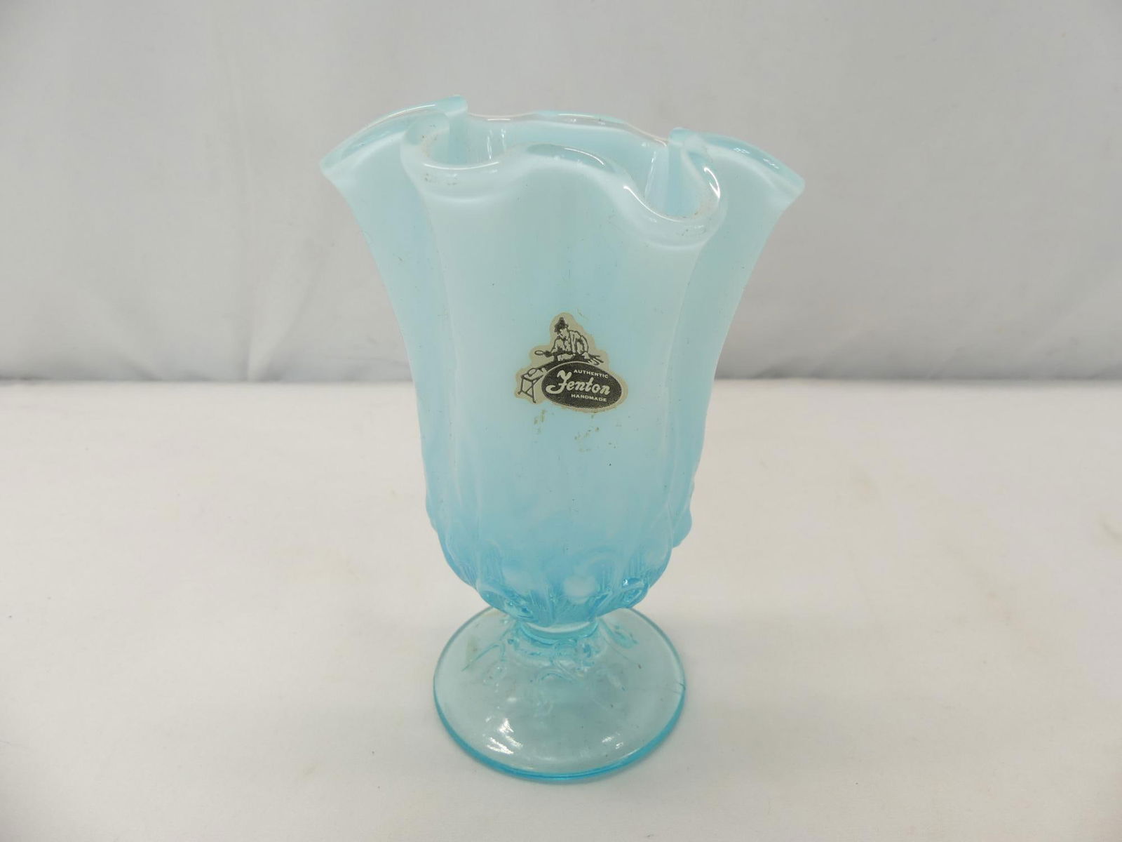 Vintage Fenton Ambre Blue Ruffled Vase with Bell Flowers (1 of 6)