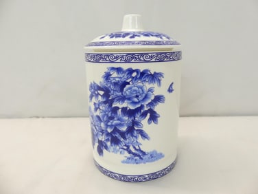 Vintage Signed Chinese Cover Biscuit Jar with Flowers & Calligraphy