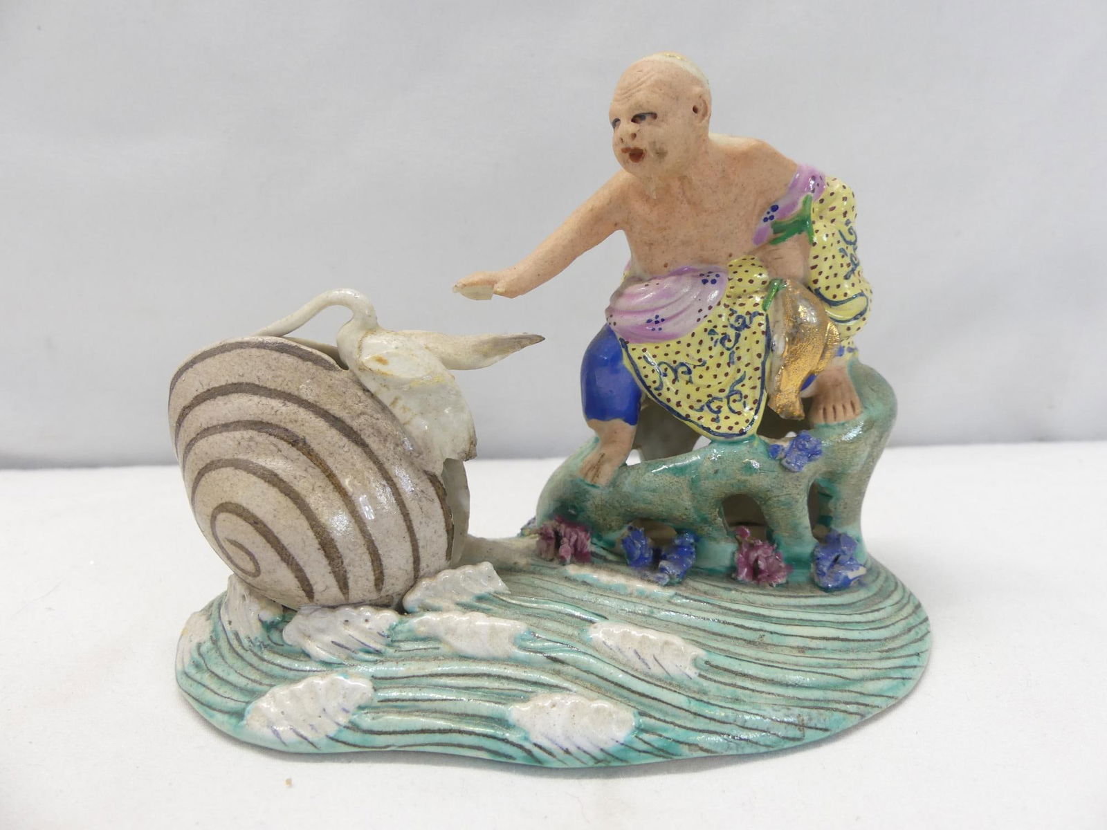 Antique Signed Chinese Fisherman with Fish, Bird & Clam Shell: approx. 5 1/4 x 3 3/4, flea bite chip on finger, see photo's