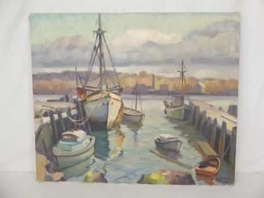 Vintage 1960's Oil on Canvas Dockside by HA Coon