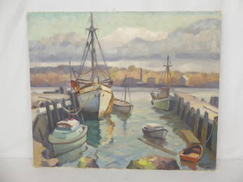 Vintage 1960's Oil on Canvas Dockside by HA Coon