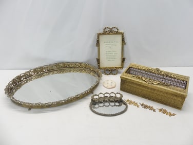 Lot of 4 Dresser Items, Tray, Tissue, Frame & Lipstick Holder