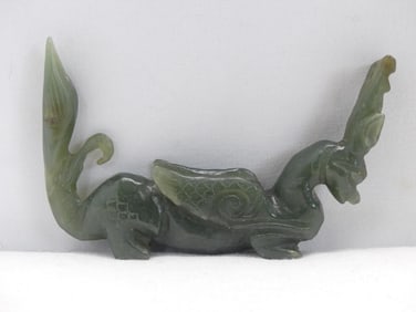 Antique Chinese Hand Carved Green Jade Dragon with Head Piece