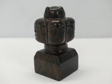 Antique Hand Carved Chinese Brown & Black Jade Chop w/ 4 Heads
