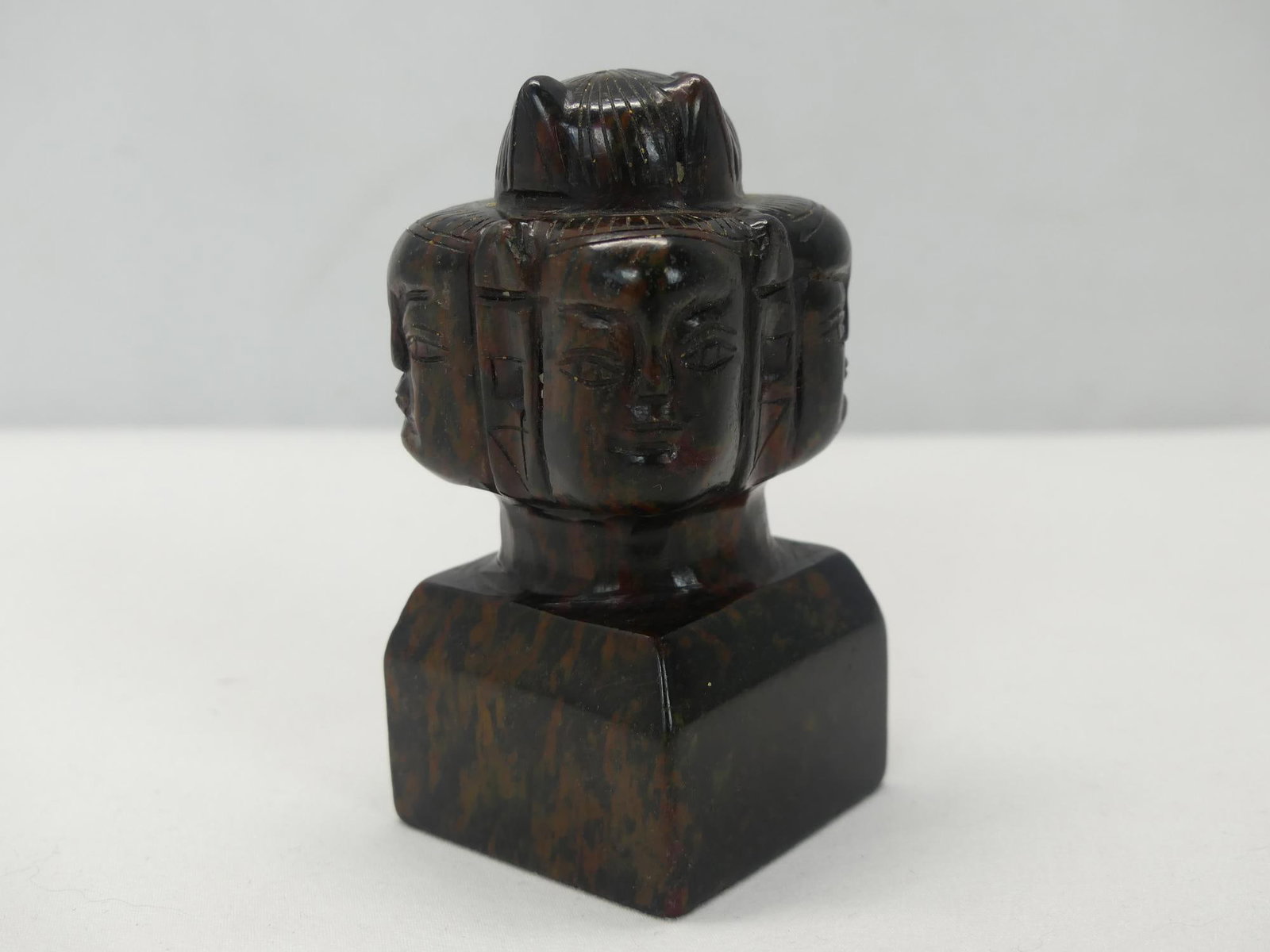 Antique Hand Carved Chinese Brown & Black Jade Chop w/ 4 Heads (1 of 7)