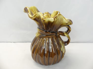 Unusual Vintage Brown & Yellow Stoneware Pitcher, Bag with Bow
