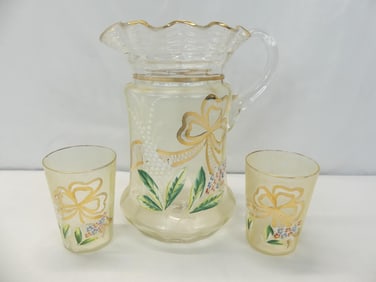 Vintage Hand Blown Glass Pitcher with Hand Painted Flowers