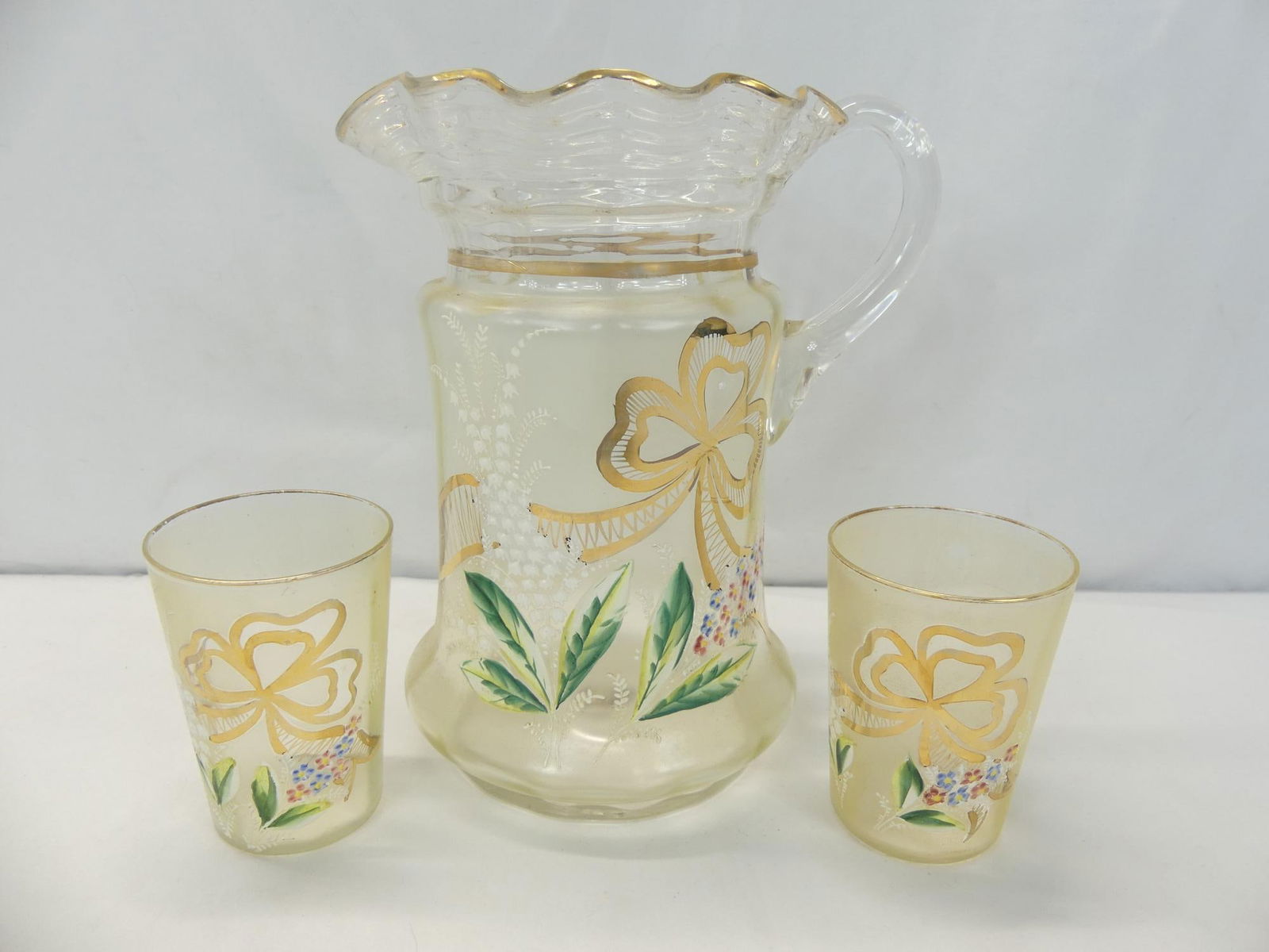 Vintage Hand Blown Glass Pitcher with Hand Painted Flowers: with 2 Cups, approx. pitcher 9 1/2 inches tall and 4 inch cups, see photo's