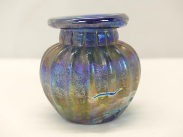 Vintage Blue Iridescent Art Glass Vase Signed Fellerman