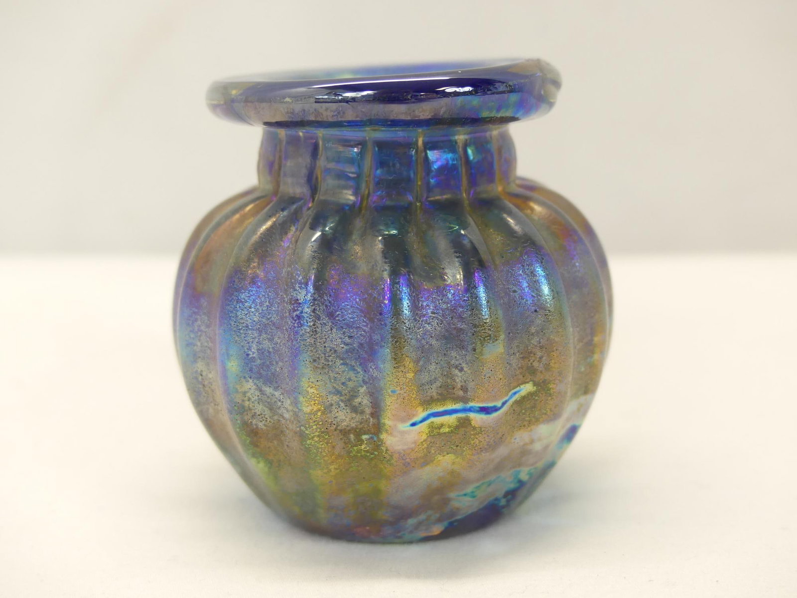 Vintage Blue Iridescent Art Glass Vase Signed Fellerman: approx. 2 1/4 inches tall, see photo's