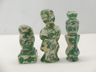 Antique Chinese Hand Carved Green & White Jade Figures
