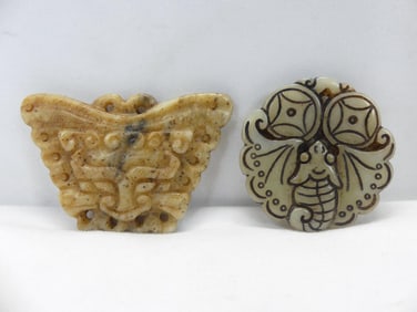 Lot of 2 Antique Chinese Jade Pendants Butterfly & Bat