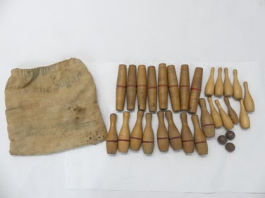 Lot of Antique Wooden Children's Bowling Set, Candle & Duck Pin