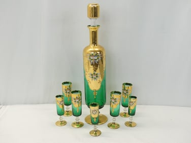 Vintage Hand Painted Gold Leaf Italian Decanter Set