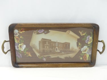 Antique Wood Serving Tray with Hand Painted Pansies & Building