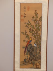 Vintage Signed Chinese Birds in Tree Watercolor Scroll on Silk