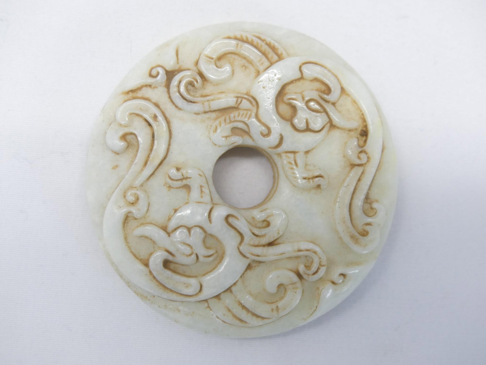 Antique Chinese Hand Carved White Jade BI with Birds: approx. 2 1/2 inches, see photo's