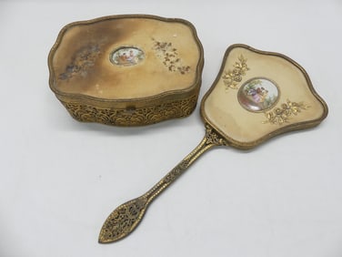 Vintage Matching Dresser Jewelry Box & Hand Mirror