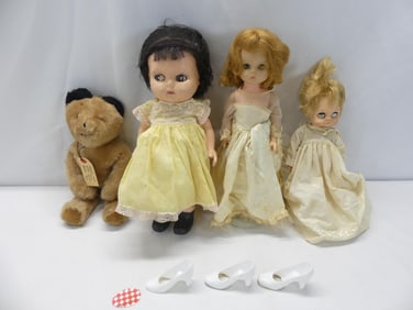 Lot of 3 Various Vintage Dolls & Musical Teddy Bear