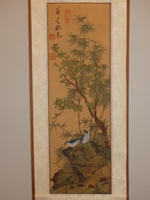 Signed Chinese Scroll, Watercolor on Silk Birds & Tree 3 Red Stamps