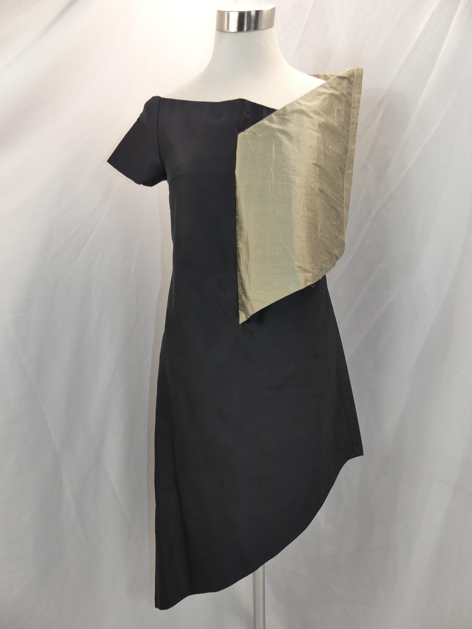 Vintage 1960's Black & Gold Silk Color Block Shift: asymmetric hem, approx. 32 bust, 32 waist, good condition, see photo's