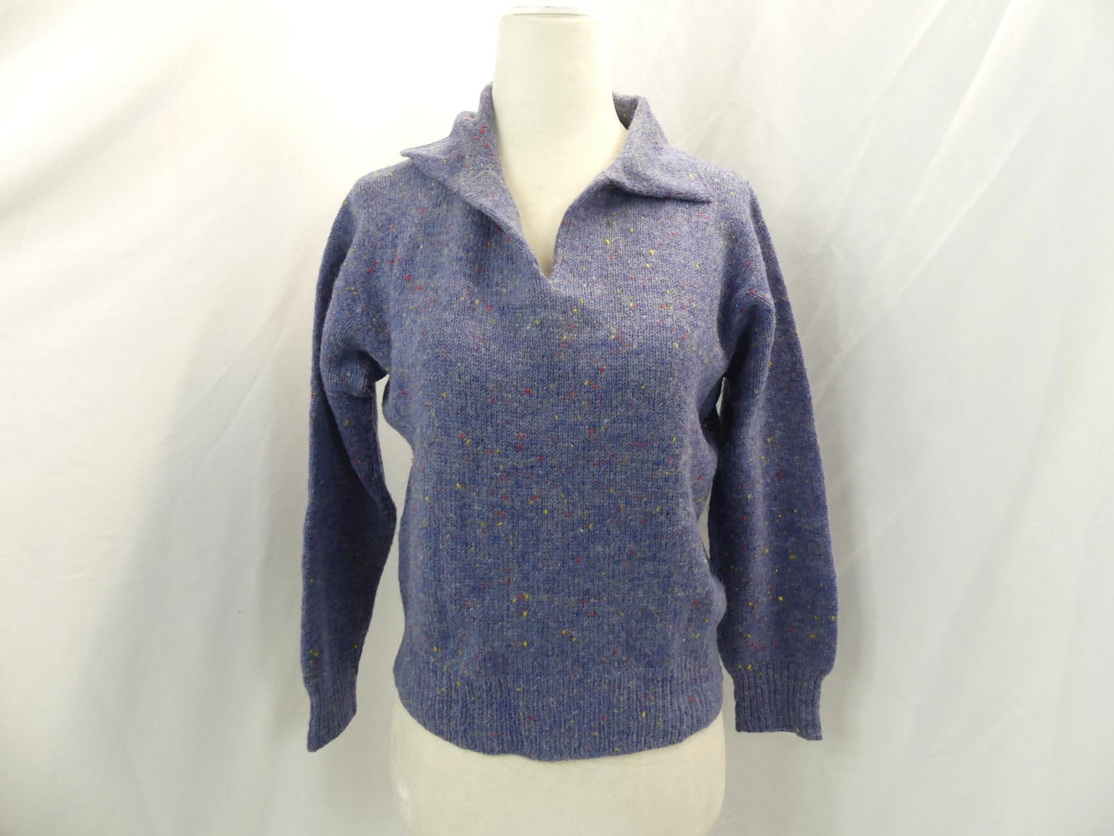 Vintage 1970's Blue Knit Sweater with Color Flecks: approx. 38 bust, 34 waist, light soil on inside of color, some slight wear underarms, see photo's
