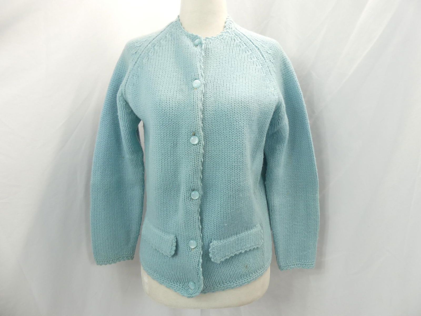 Vintage 1950/60's Evan-Picone Blue Knit Cardigan: size 38, couple pin dot size spots on sleeves, some pilling, see photo's