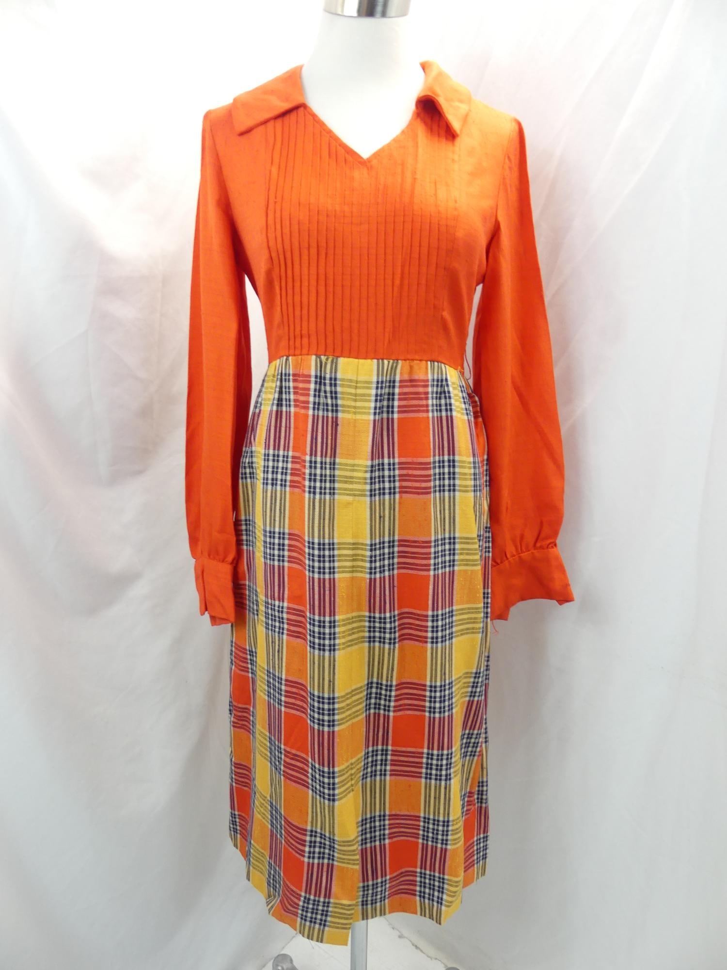 Vintage 1960/70's Brenner Couture Red & Plaid Dress: approx. 36 bust, 30 waist, good condition, see photo's