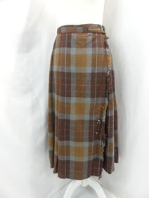Vintage 1970's Brown Wool Plaid Kilt Skirt with Pin