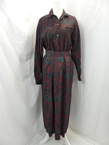 Vintage 1980's Greige Wool Paisley Skirt & Blouse Set