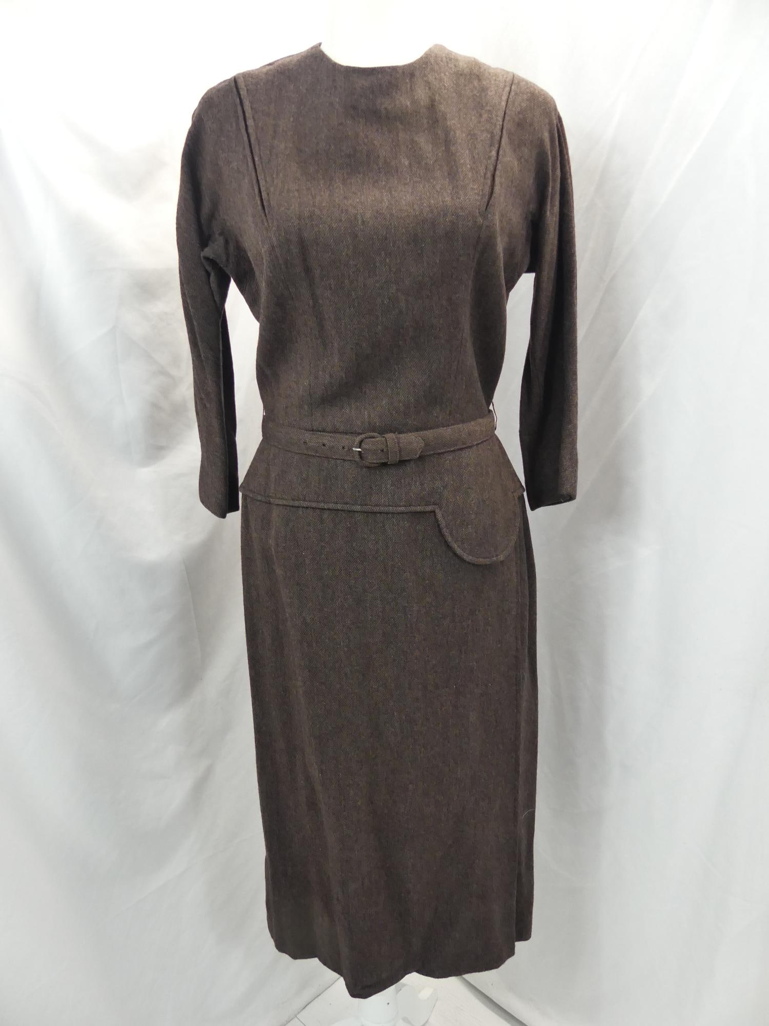 Vintage 1960 Abercrombie & Fitch Brown Wool Dress: approx. 36 bust, 28 waist, pilling wear under arms, small hole found, see photo's
