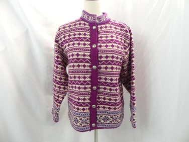 Vintage 1980's Cranberry & White Wool Knit Cardigan