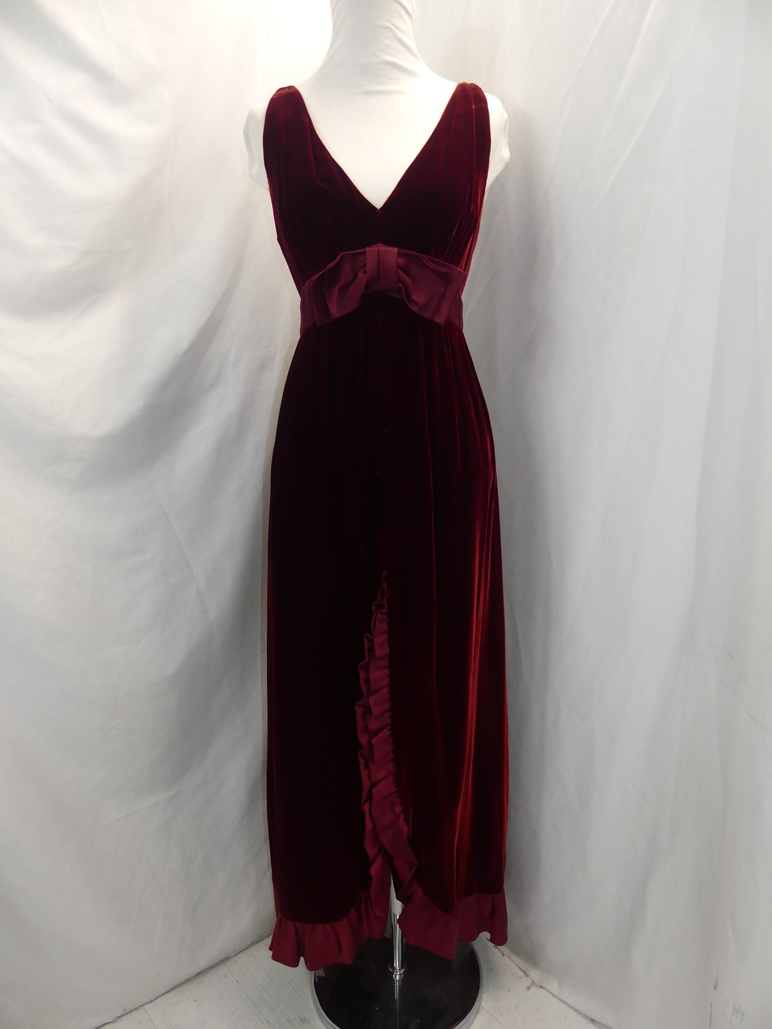 Vintage 1970's Cranberry Red Velvet Gown w/ Ruffles: approx. 34 bust, 28 under bust, some spots, see photo's