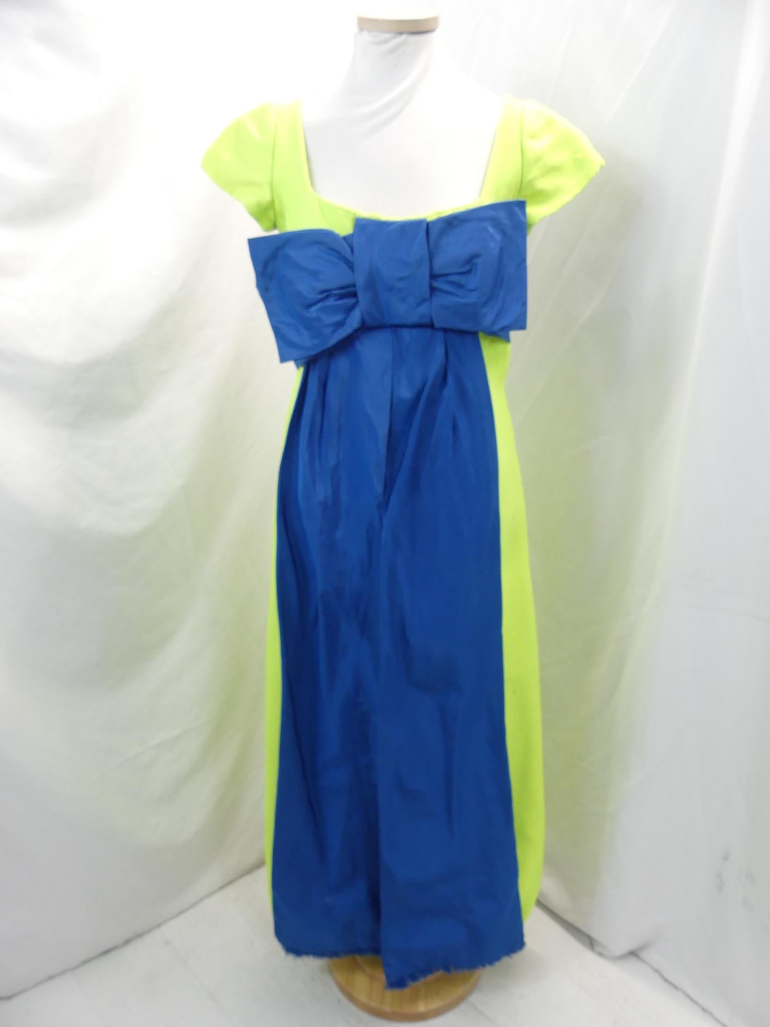 Vintage 1960's Fiandaca Couturier Green Silk Gown: with large blue silk bow, approx. 30 bust, 28 waist, some nibbles, holes, and stains, see photo's