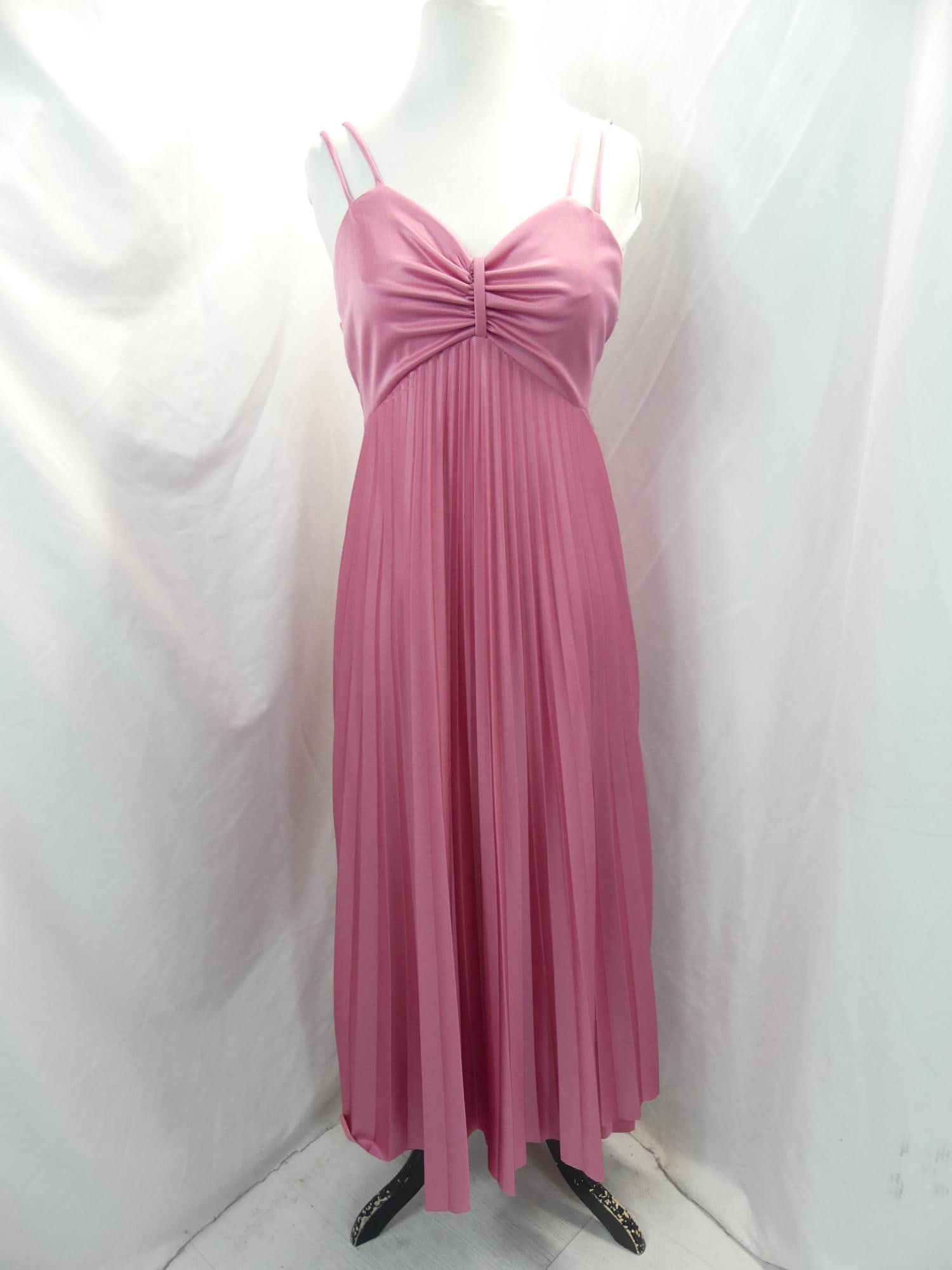 Vintage 1970's Pink Poly Accordian Pleated Gown: approx. 36 bust, has some runs, and looks like hem was cut and not finished, straps were taken up, see photo's