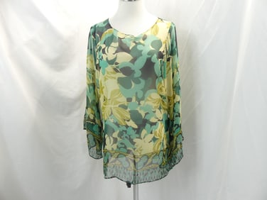Vintage 1980's Green Floral Silk Kimono Style Blouse