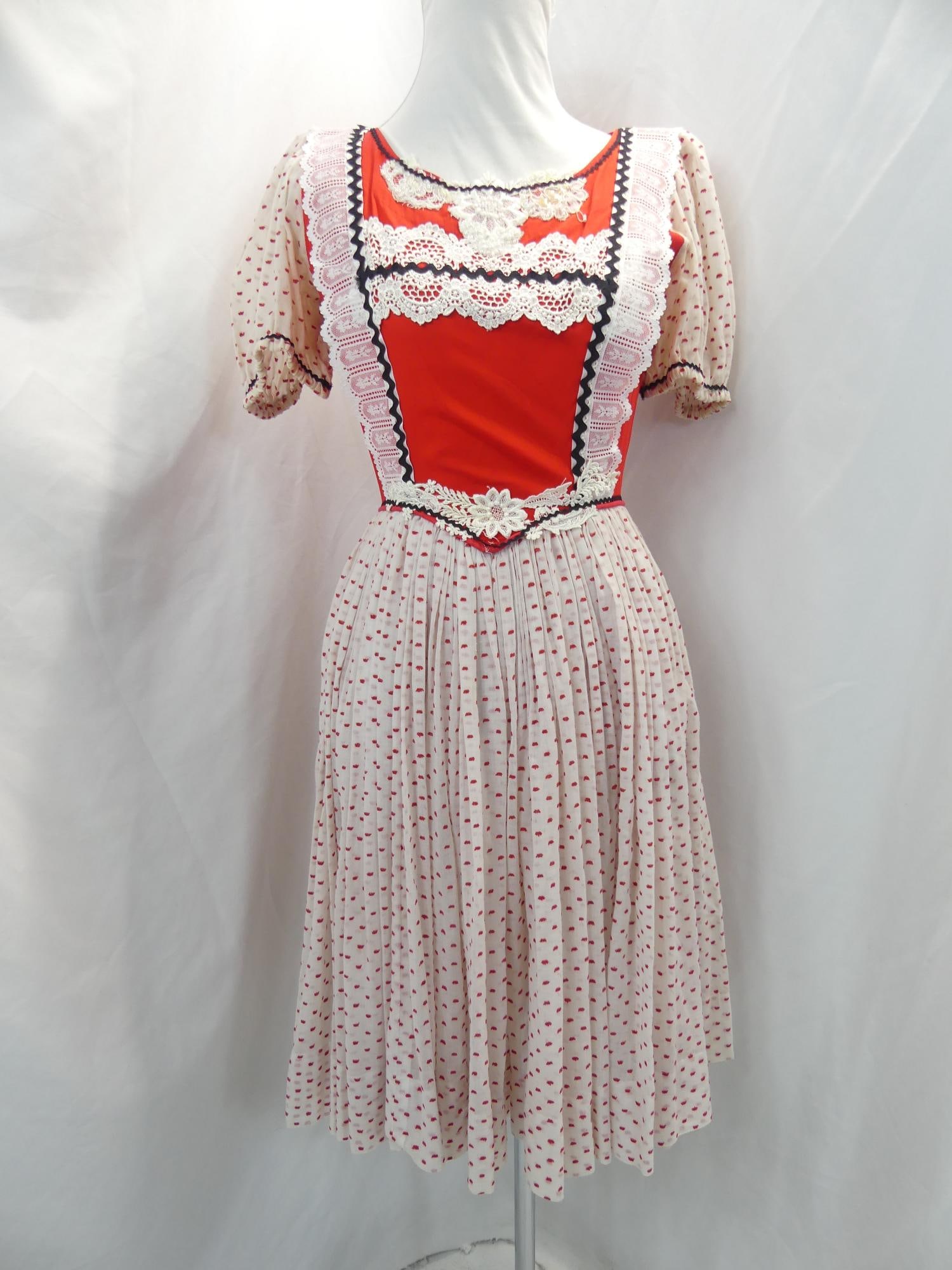 Vintage Red & White Pouf Dress with Lace Trim: approx. 32 bust, 24 waist, lace and rick-rack has been added, some under arm discoloration, see photo's