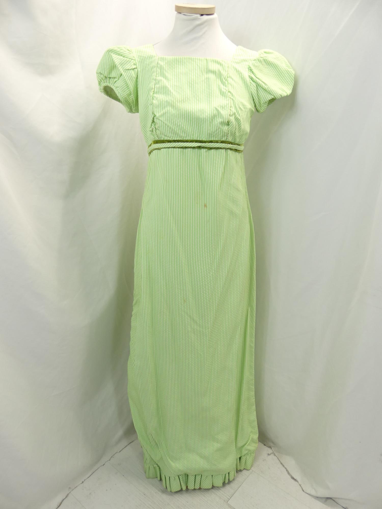 Vintage 1970's Empire Waist Green Stripe Gown: approx. 32 bust, 26 waist, has a couple of stains, has been taken in at bust and back, see photo's