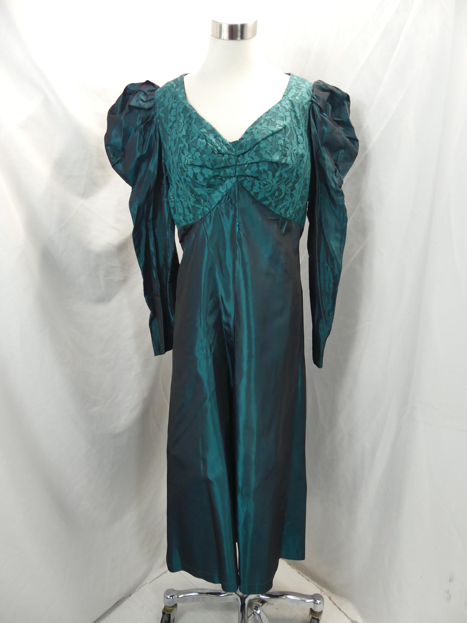 Vintage Emerald Green Taffeta & Lace Dress: great mutton Sleaves, approx. 38 bust, 32 waist, needs seam repair, see photo's