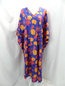 Vintage 1970's Floral Blue, Orange, Pink Silk Kaftan