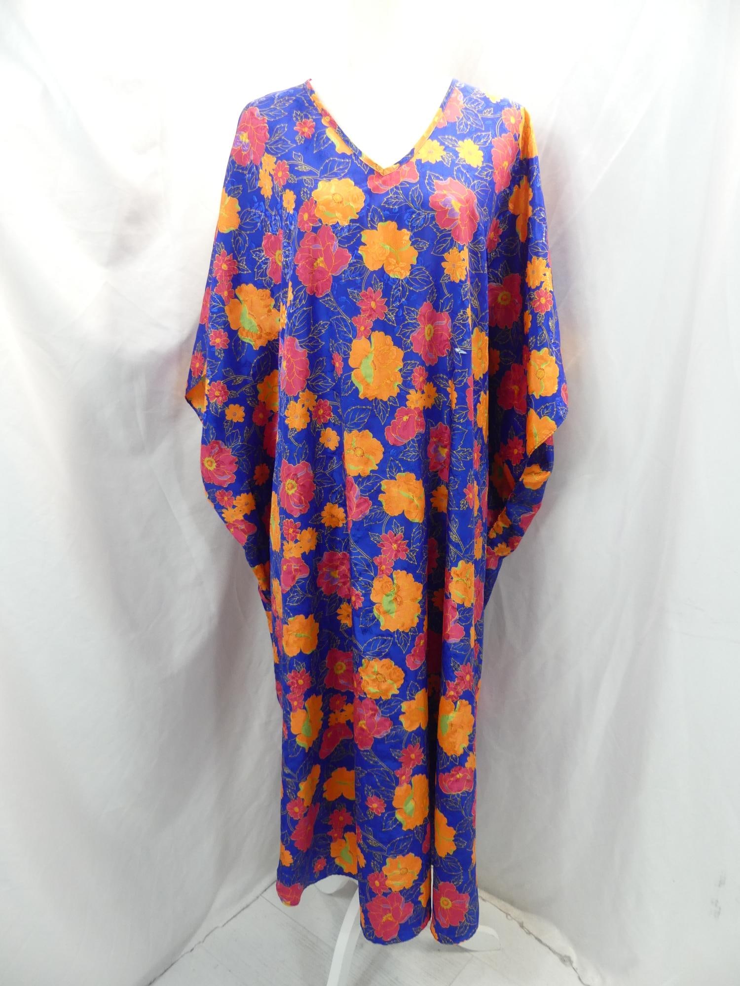 Vintage 1970's Floral Blue, Orange, Pink Silk Kaftan: fits all, white fabric flaw, some fabric picks, otherwise good condition, see photo's