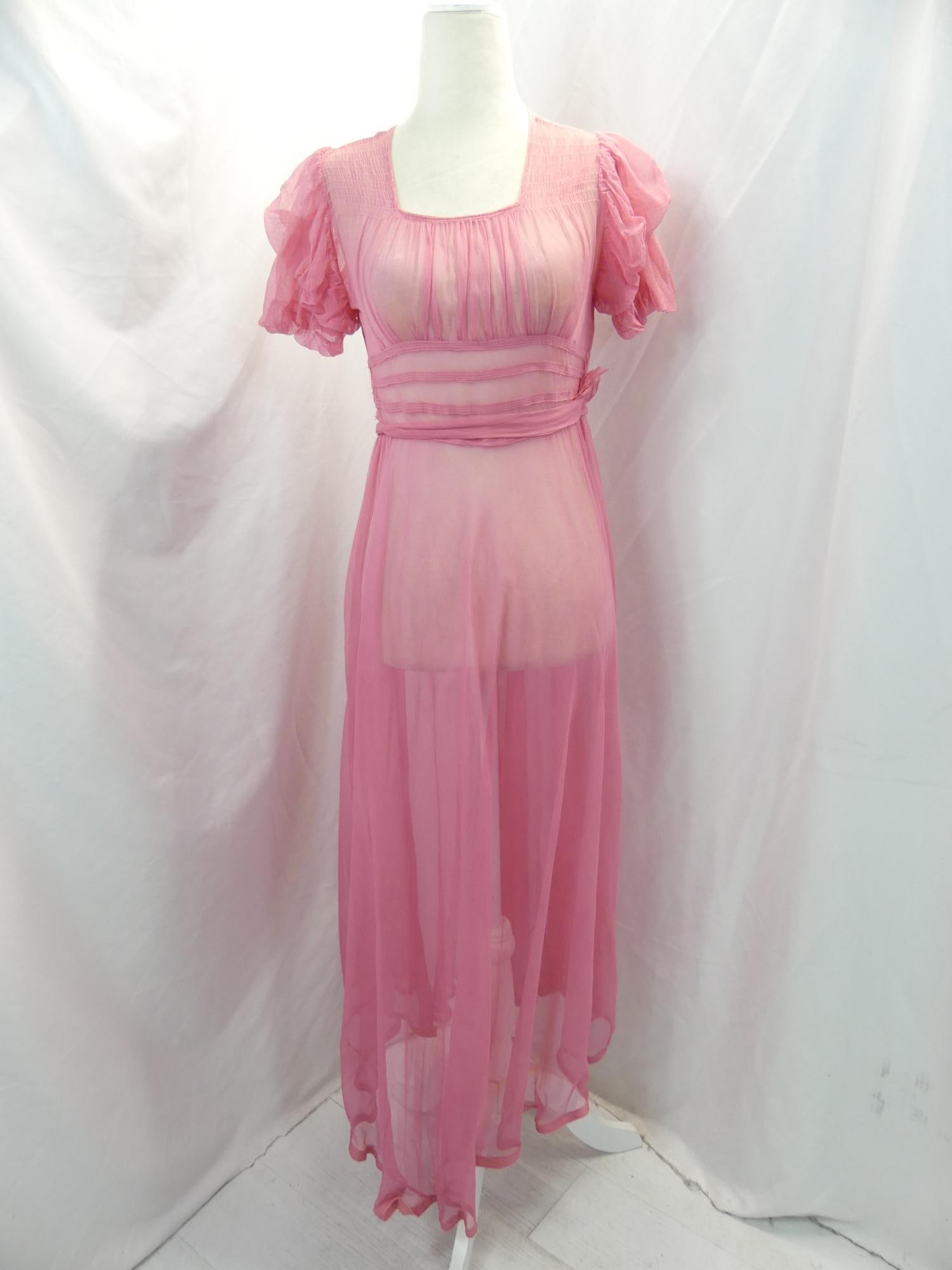 Vintage 1930's Pink Sheer Chiffon Dress: approx. 32 bust, 30 waist, tie belt is pinned to side, some holes, see photo's