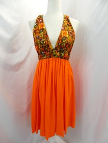 Vintage 1970's Orange & Floral Mod Halter Dress