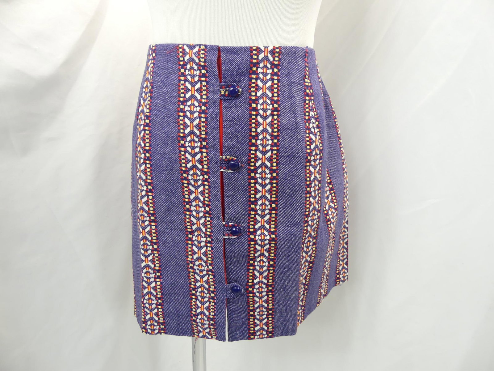 Vintage 1970's Blue Cotton Geometric Stripe Culottes: approx. 30 waist, 40 hips, good condition, see photo's