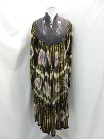 Vintage 1970's Black & Gold Batik Dress w/ Peacocks