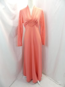 Vintage 1970's Peach Poly Knit Gown with Lace