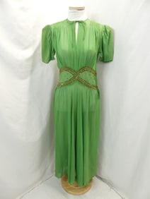 Vintage 1930's Sheer Green Chiffon Dress with Sequin